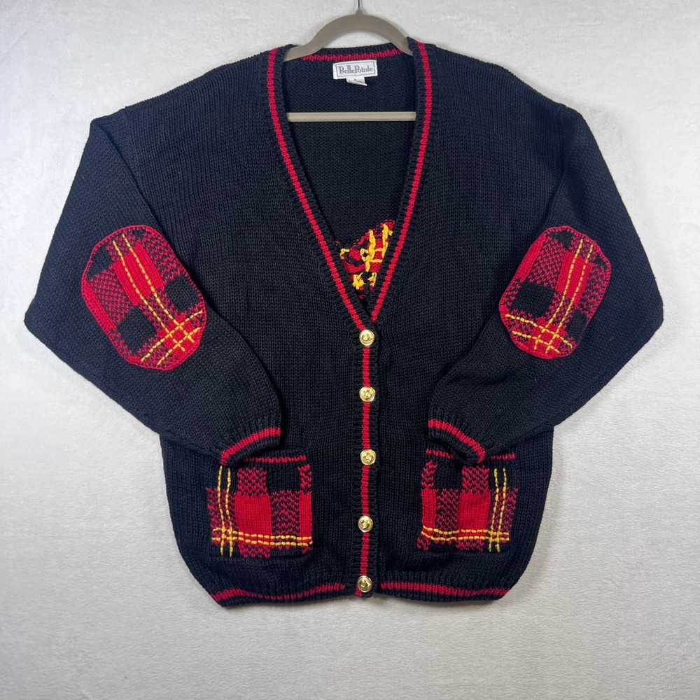 BellePointe Vintage Plaid Elbow Patch Cardigan Black Red Gold Button S Oversized
